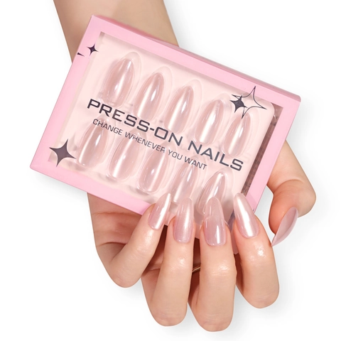 Press On Nagels Amandelvorm Kunstparelmoer Roze Kattenoog Effect Elegante Kunstnagels