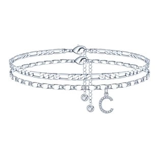 Cavigliera a Doppio Strato in Rame per Donna con Ciondolo Lettera Iniziale in Zirconia Gioielli Cavigliera Iniziale con Strass