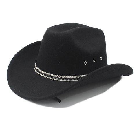 Western Cowboy Hat Cotton Polyester Blend Woolen Felt Fedora With Breathable Metal Eyelets And Woven Band Wide Curved Brim Retro