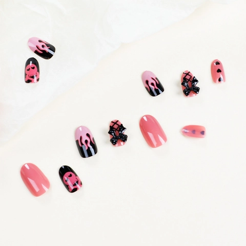 Faux Ongles Rose Noir Motif Flamme Style Gothic Y2K Avec Noeuds 3D Et Crânes Décor Manucure Pour Femmes