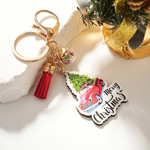 Christmas Retro Red Truck Wood Keychain With Tassel And Sequin Ball Gold Metal Lobster Clasp Merry Christmas Hanging Ornament