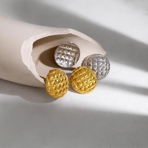 Retro Roestvrij Staal Ruitpatroon Ronde Oorknopjes Voor Vrouwen Minimalistisch Goud Zilver Geometrische Sieraden Cadeau