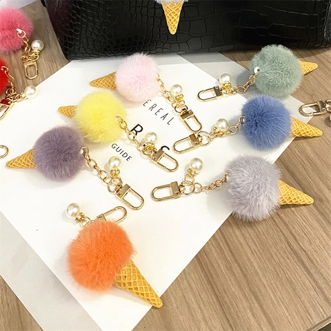 Cute Plush Ice Cream Keychain With Artificial Pearl Decoration Macaron Color Pom Pom Bag Pendant For Women Girls Gift