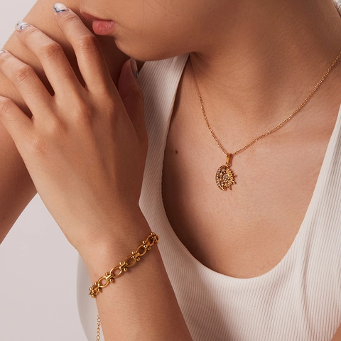 Collana Con Ciondolo Sole E Luna Placcata Oro 18K Acciaio Inossidabile Con Zircone Incastonato Gioielli Eleganti Per Donna