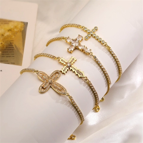 Bracciale Bolo Croce Placcato Oro Rame Zircone Catena Scorrevole Regolabile Gioielli Moda Lusso Leggero Donne