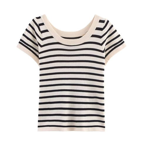 Women Casual Striped Knit Short Sleeve Top Round Neck Slim Fit Basic T-Shirt Striped Pullover Knitwear Soft Breathable Top