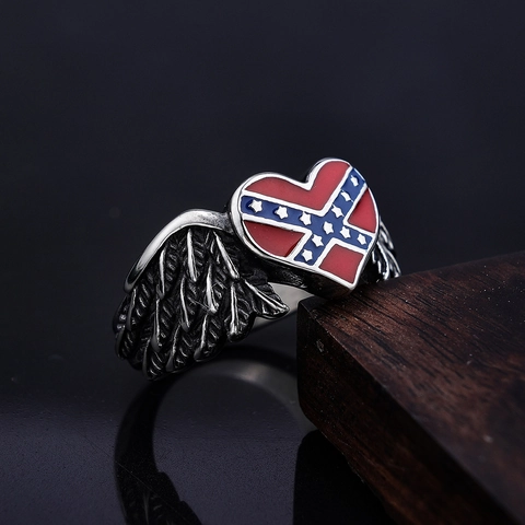 Heart Wing Ring Stainless Steel Enamel Flag Pattern Polished Retro Punk Jewelry For Men Women