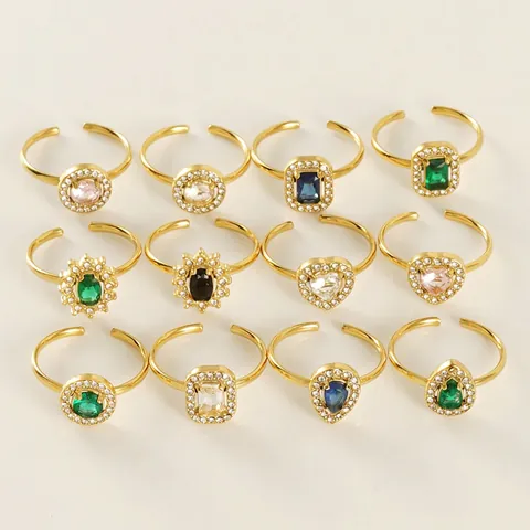 Adjustable Zircon Rings 18K Gold Plated Stainless Steel Open Band Geometric Heart Water Drop Round Jewelry For Women
