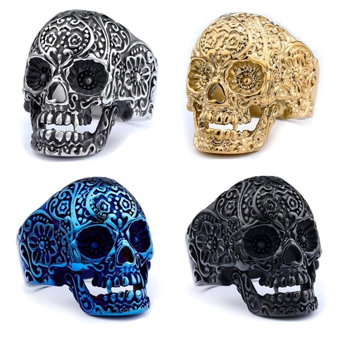 Skull Ring Stainless Steel Engraved Carved Floral Punk Gothic Retro Rock Biker Vintage Fashion Jewelry For Men