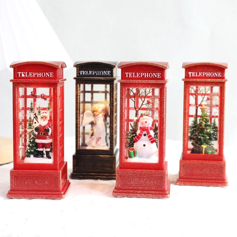 Christmas Telephone Booth LED Lantern Retro Snow Globe With Santa Snowman Ornament For Holiday Table Desktop Decor