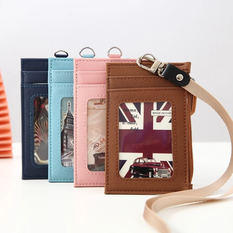 ID Card Holder Wallet With Lanyard PU Leather Cross Pattern Zip Pocket Multiple Slots Neck Hanging For Office School