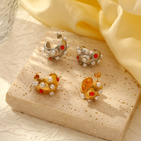 Pendientes Elegantes de Acero Inoxidable en Forma de C con Perlas Artificiales y Circonitas Joyería Vintage Bañada en Oro 18K
