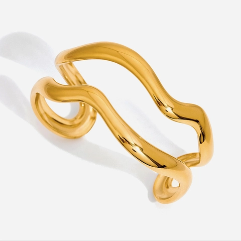Bracciale Rigido Aperto A Doppio Strato Ondulato In Acciaio Inossidabile Placcato Oro 18K Resistente All'acqua Donna