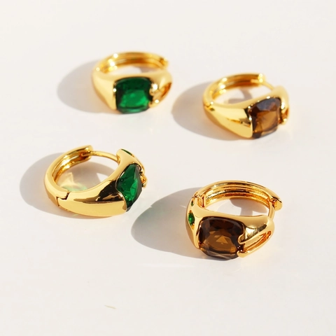 Retro Square Zircon Hoop Earrings Gold Plated Brass Geometric Emerald Green Amber Brown Elegant Jewelry For Women
