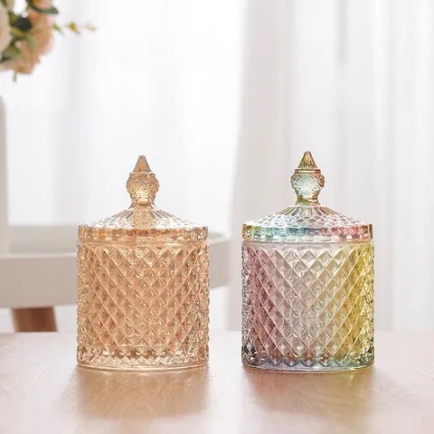 Glazen Voorraadpot Met Deksel Diamantpatroon Reliëf Snoeppot Decoratieve Keukencontainer