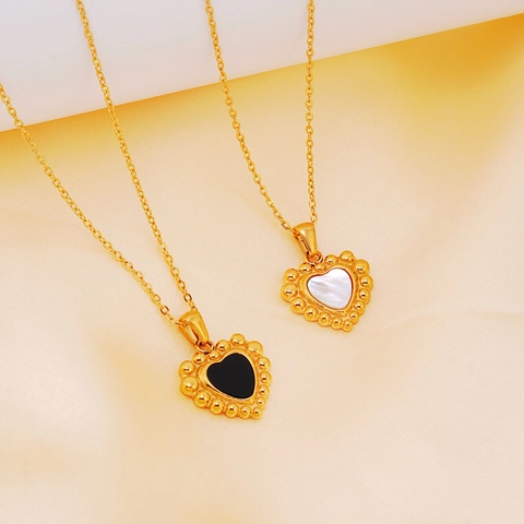 Collana con Pendente a Cuore in Acciaio al Titanio Vintage Francese Placcato Oro Conchiglia Pietra Intarsiata Catena Gioielli da Donna