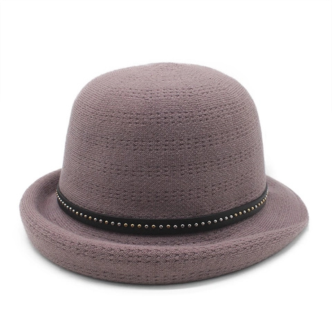 Vintage Knit Bucket Hat Women Autumn Winter Warm Cloche Elegant Round Top With Rivet Decorative Band Retro Style