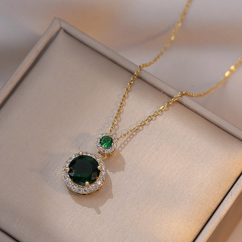 Damen Halskette Mit Doppeltem Runden Halo Anhänger Titanstahl Zirkonia Edelstein Vintage Schmuck