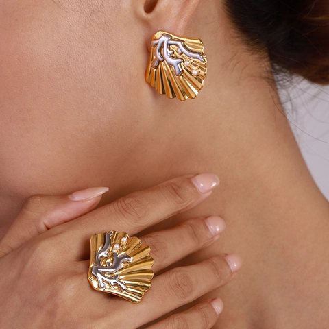 Vintage Oceaanstijl Roestvrij Staal Schelp Koraal Parel Ring Oorbellen Sieraden Waterdicht Hypoallergeen Goud Zilver Tweekleurige Accessoires