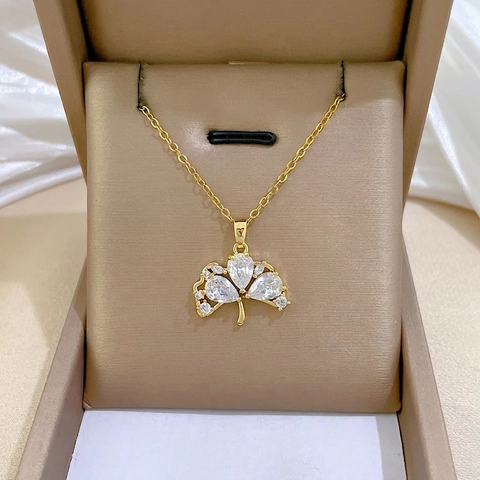 Ginkgoblad Hanger Ketting Roestvrijstalen Ketting Koper Ingelegde Zirkoon Sprankelende Elegante Sleutelbeen Sieraden Dames