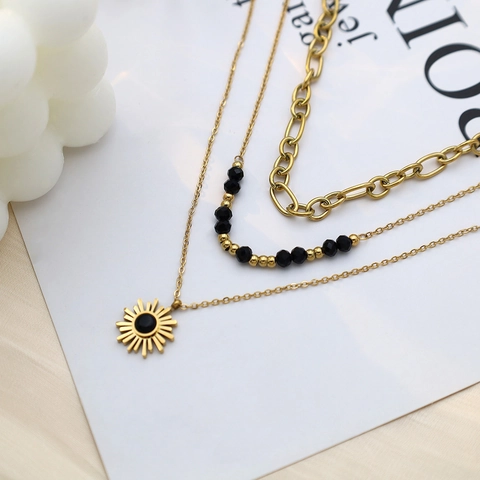 Dames Layered Roestvrij Staal Zon Hanger Halsketting Drie Lagen Zwarte Kraal Ketting Goud Sieraden Cadeau Voor Vrouwen