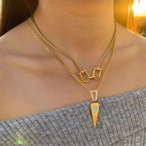 Collana Con Pendente A Triangolo Geometrico In Acciaio Inossidabile Con Zirconia Cubica CZ Intarsiata Placcato Oro Chic Catena Donna