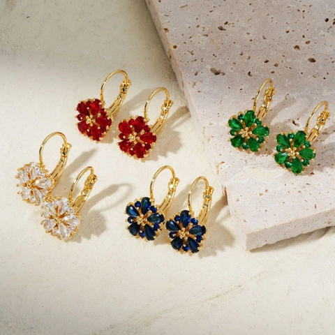 Flower Zircon Earrings Copper Rose Gold Plated With Colorful Pear Shaped Stones Elegant Sweet Lever Back Jewelry