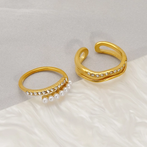 Edelstahl Ring Mit 18K Gold Beschichtung Künstliche Perle Und Strass Minimalistisch Geometrischer Schmuck Für Damen Mode