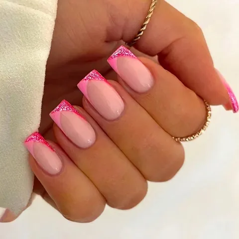 French Tip Press On Nails Square Pink With Glitter Glossy Fake Nails Artificial Fingernails For Women