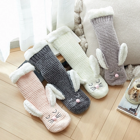 Damen Süße Hasenohren Haussocken Winter Verdickte Warme Flauschige Bodensocken Rutschfeste Lammwolle Gefüttert Schlaf Socken