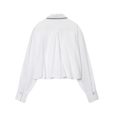 Camisa De Manga Larga Con Adorno De Perlas Artificiales Solapa Contrastada Bolsillo Elegante Blusa De Popelina Poliéster
