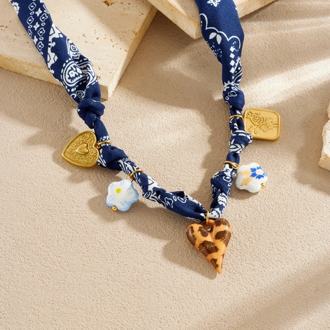 Vintage Paisley Fabric Rope Necklace Stainless Steel Gold Plated Leopard Heart Ceramic Flower Multi Pendants For Women