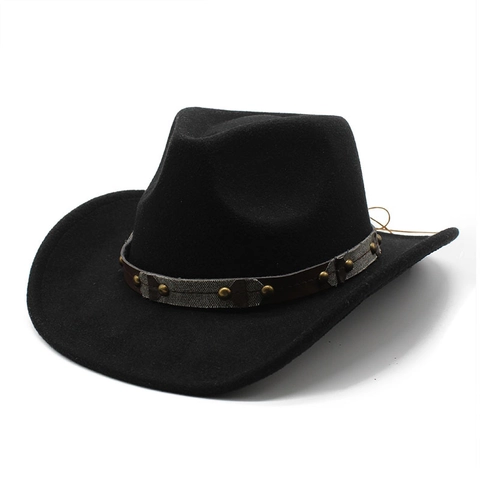 Western Cowboy Hat Woolen Wide Brim Fedora With Leather Rivet Band Vintage Ethnic Style For Women Men