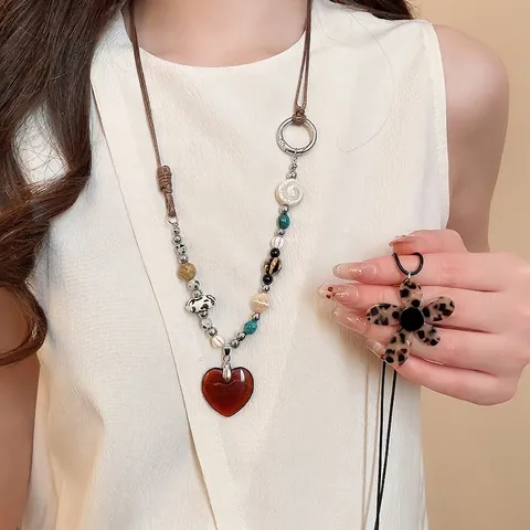 Collana Lunga Con Ciondolo In Pietra Ceramica Legno Perline Cuore Fiore Maculato Stile Bohémien Vintage Per Donna