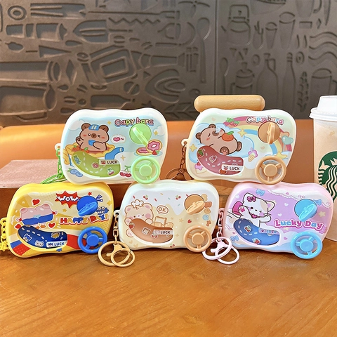 Creative Animal Car Shaped Mini Game Machine Keychain Cute Capybara Cat Bear Water Ring Toss Decompression Toy Bag Pendant Gift