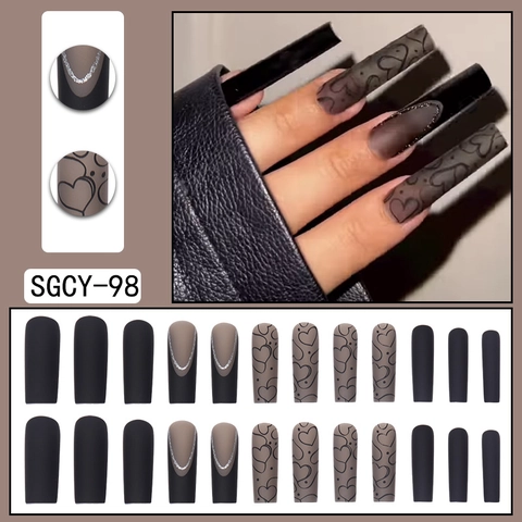 Uñas Postizas De Ataúd Largas Negro Mate Marrón Estilo Francés Oscuro Patrón Corazón Con Línea De Brillo Plateado
