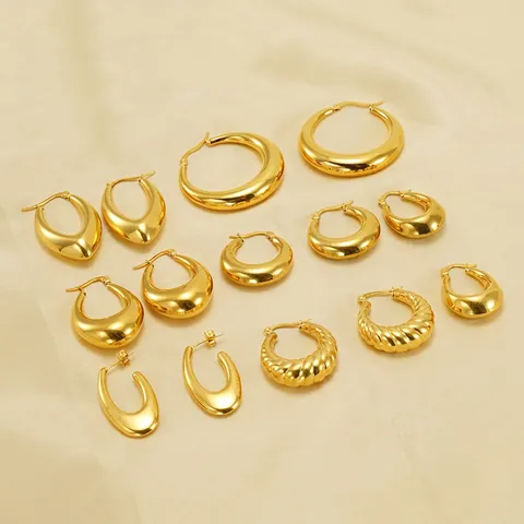 Chunky Hoop Earrings 18K Gold Plated Stainless Steel Hollow Lightweight Geometric U Shaped Oval Croissant Textured Women