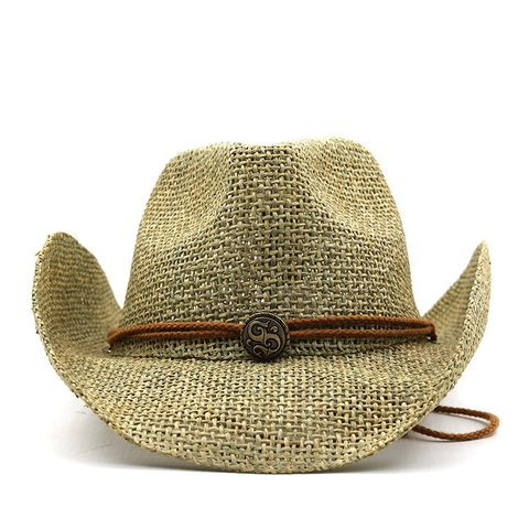 Western Cowboy Straw Hat Wide Brim Paper Sunshade With Brown Rope Band And Retro Metal Buckle Windproof String Beach