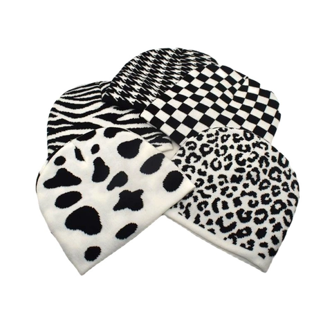 Berretto In Maglia Acrilico Inverno Caldo Morbido Motivo Scacchiera Leopardo Mucca Per Donne Uomini Accessori Moda
