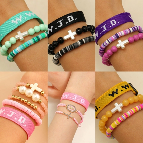 WWJD Religious Bracelet Featuring Cross And Saint Pendant Polymer Clay Heishi Beads Woven Adjustable Jewelry For Women