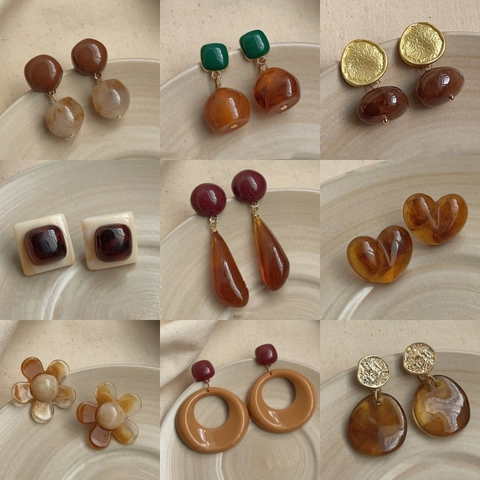 Vintage Hart Oorbellen Maillard Bruin Acryl Geometrische Studs Met 925 Sterling Zilveren Oorsteker Voor Dames Mode