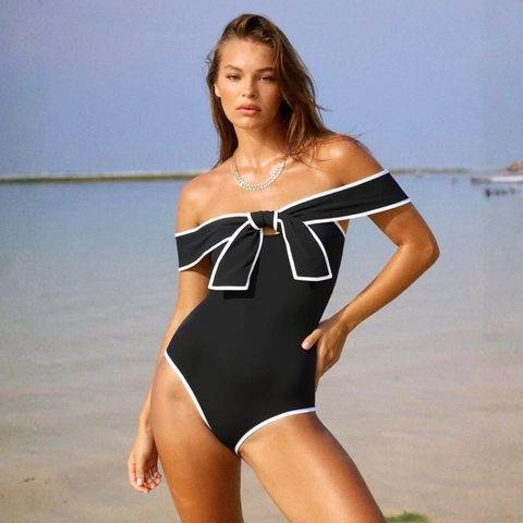 Women Sexy One Piece Swimsuit And Mini Skirt With Large Bow Contrast Piping High Elasticity Nylon Swimwear For Beach