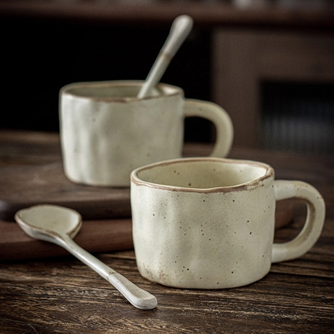 Taza Da Caffè In Ceramica Fatta A Mano Con Cucchiaio Tazza In Porcellana Opaca Vintage Stile Retrò Con Macchie