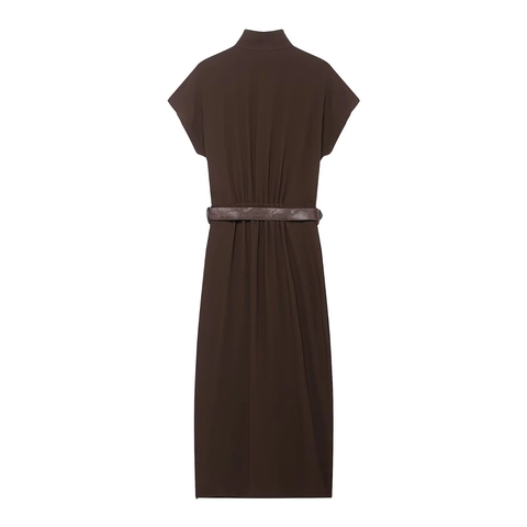 Damen Elegantes Midi Kleid Eng Anliegend Hoher Kragen Goldene Knöpfe Schlangenmuster Gürtel Polyester Kurzarm Kaffee