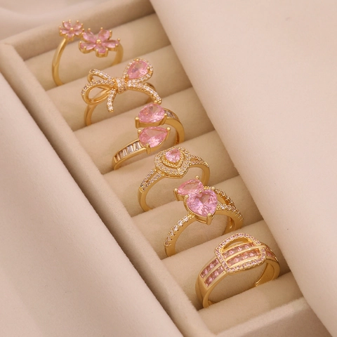 Women Open Adjustable Ring Copper Gold Plated With Pink Cubic Zirconia Heart Bow Flower Elegant Jewelry