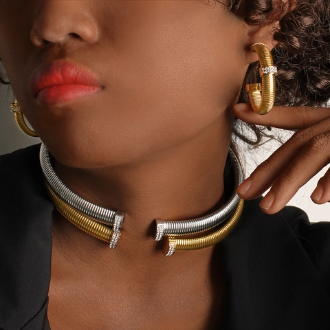 Luxury 304 Stainless Steel Zirconia Necklace And Bangle And Earrings For Women Gold Silver Plated Industrial Spiral Nail Jewelry