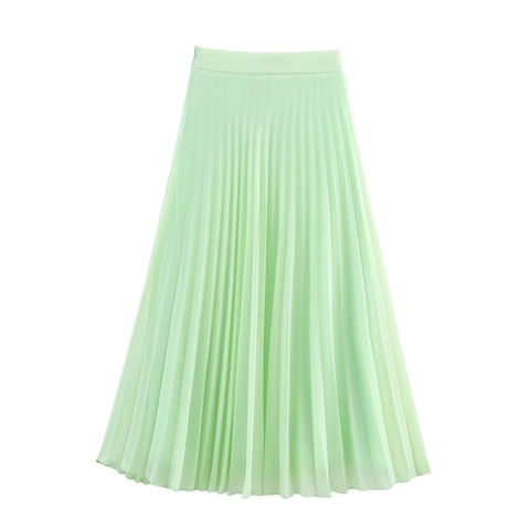 High Waist Pleated Midi Skirt Women Polyester Solid Mint Green Casual Elegant Streetwear Sexy