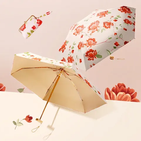 Mini Paraguas Plegable Protección Solar UPF 50 Plus UV Ligero Patrón De Pintura Al Óleo Floral Con Bolsa A Juego