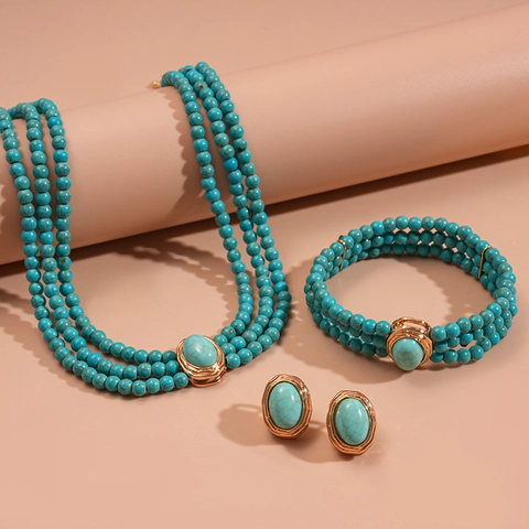 Set Di Gioielli Bohémien Con Collana Di Perline Turchesi A Più Strati Bracciale E Orecchini Con Silver Earring Post