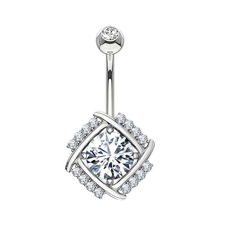 Copper Inlaid Zirconia Belly Button Ring Square Geometric Pendant Body Piercing Jewelry For Women Gold Steel Rose Gold
